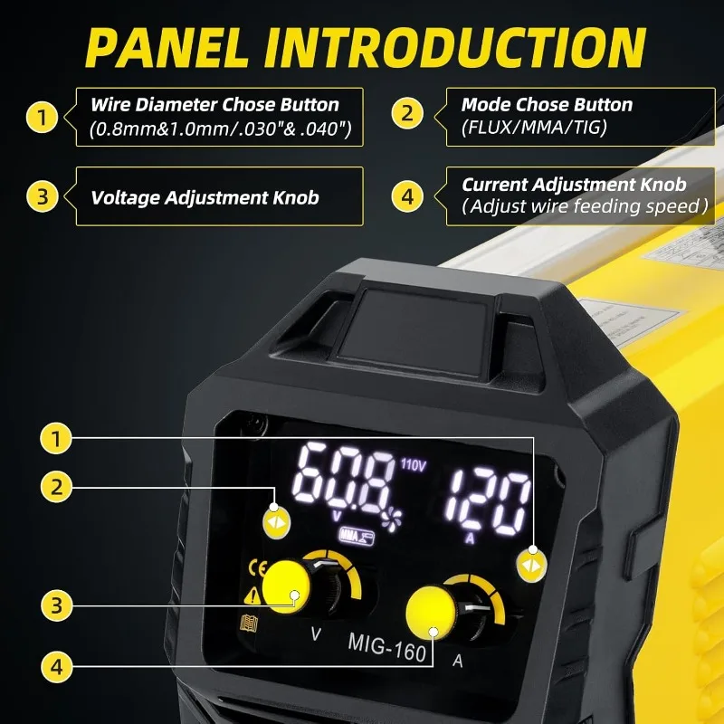 ماكينة لحام MIG 160 أمبير، 110 فولت/220 فولت، ماكينة لحام أساسية للتدفق، ماكينة لحام MIG/Lift TIG/Stick ARC 3 في 1