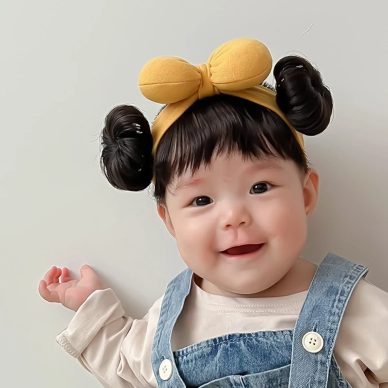 ちょう結びヘッドバンド幼児ウィッグ前髪シニョンヘアピース 0-2Y 新生児帽子 QX2D