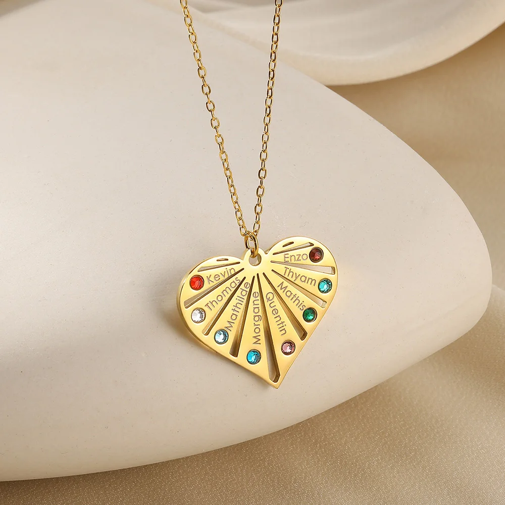 

Custom Family Name Birthstones Heart Pendant Necklace 1-8 Names Personalized Heart Stainless Steel Pendant Necklace Jewelry Gift