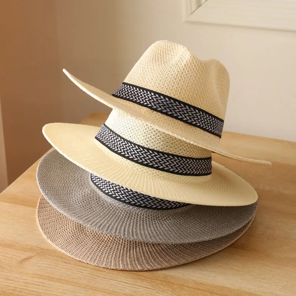 Summer Straw Hat Men Women Beach Hat Jazz Panama Fedora Wide Brim Sun Protection Cap Travel Leisure