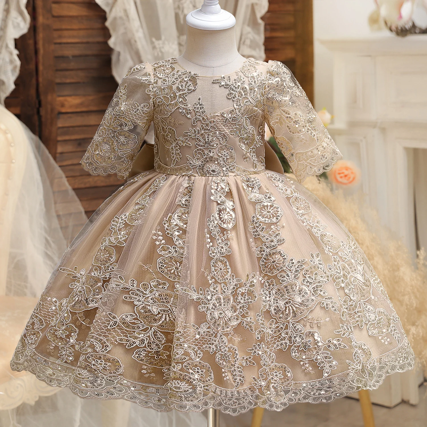 Flower Girls Luxury Dress Elegant Kids Christmas V-Back Clothes Toddler Baby Birthday Formal Gala Costumes Girls Party Dresses