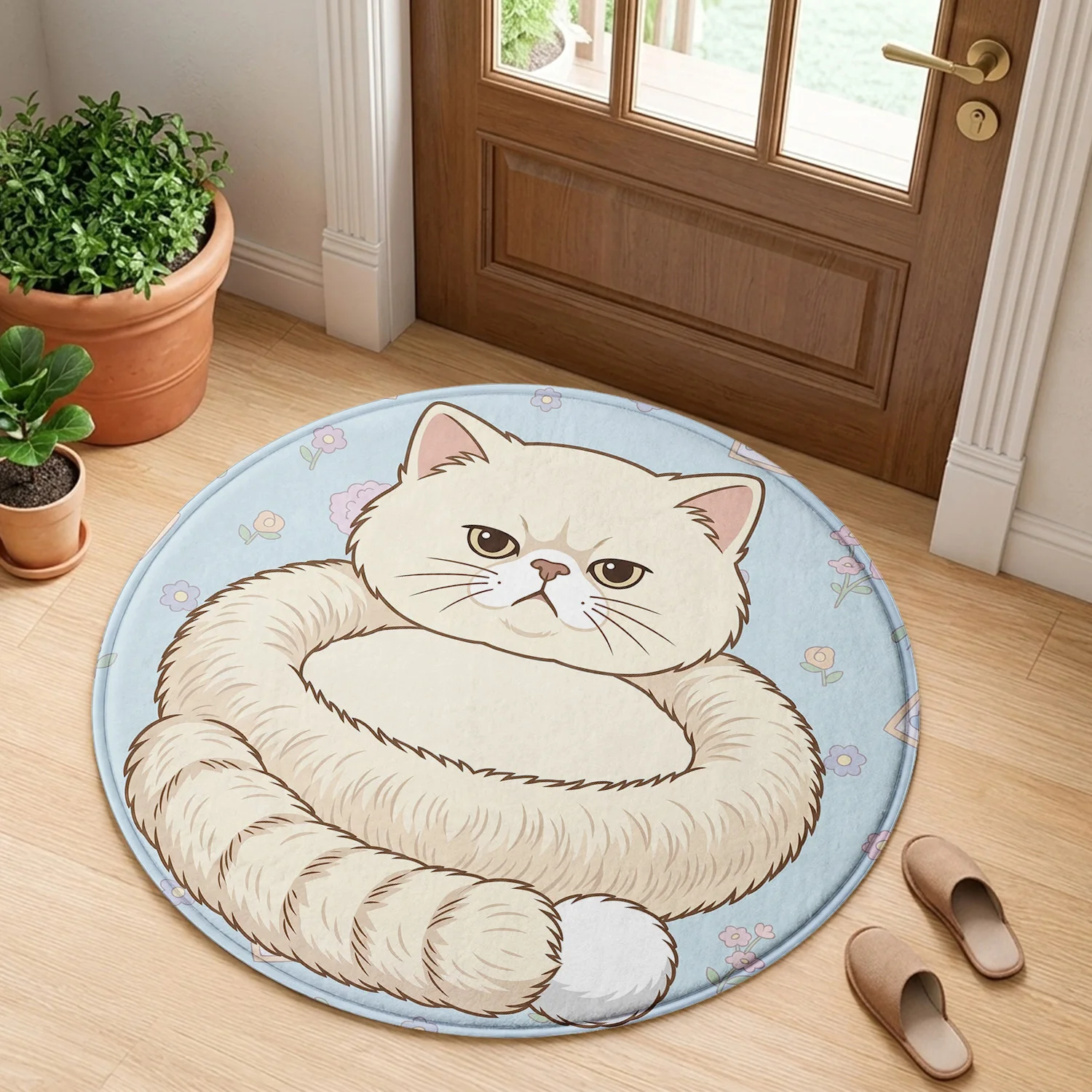 Cute White Cat Round Floor Mat, Funny Chubby Kitten Cartoon Non-Slip Rug for Entryway, Living Room, or Bedroom