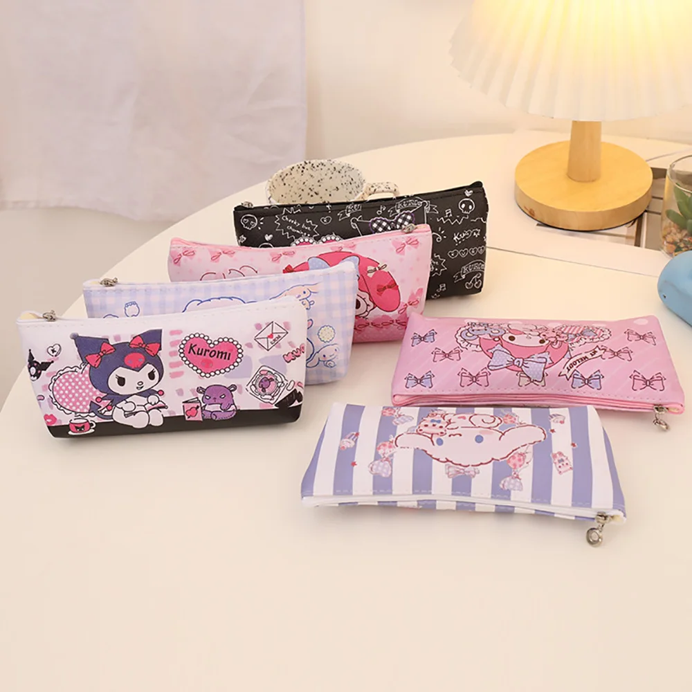 Sanrio PU Pencil Case Women's Fashion Purse Children's Waterproof Pencil Bag Kawaii Anime Stationery Storage Bag Handbags Clutch