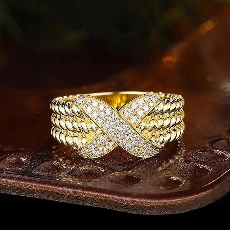Huitan X Shaped Women Ring Gold Color Cross Full Bright Cubic Zirconia Fashion Wedding Luxury Party Finger Jewelry for Lady Gift