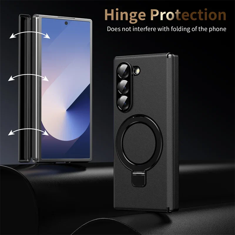 Hoge Kwaliteit Draaien Beugel Lederen Magnetische Draadloze Lading Case voor Samsung Galaxy Z Fold7 6 5 4 Met Flim Scharnier Bescherm cover
