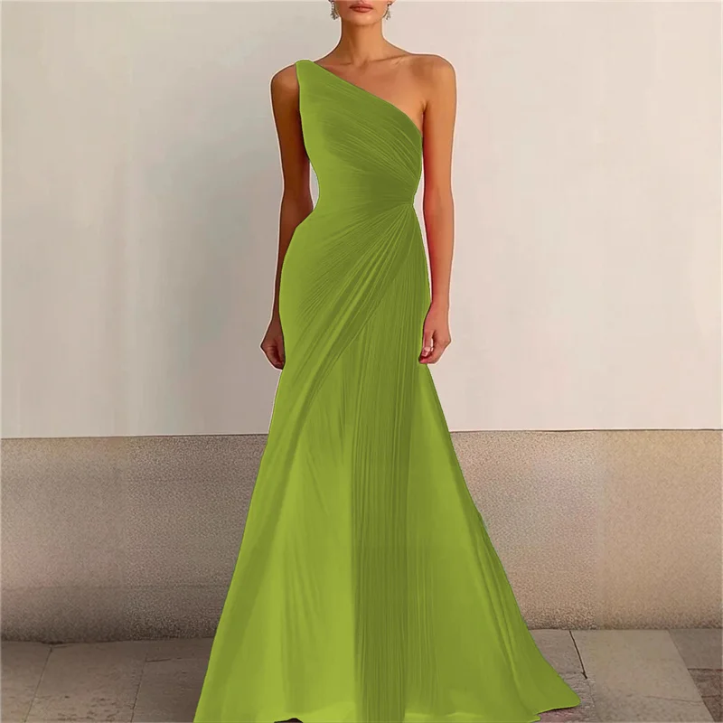 A Line Chiffon One Shoulder Pleat Evening Bridesmaid Dresses Wedding Party Formal Prom Birthday Floor Length Zipper Back image 6