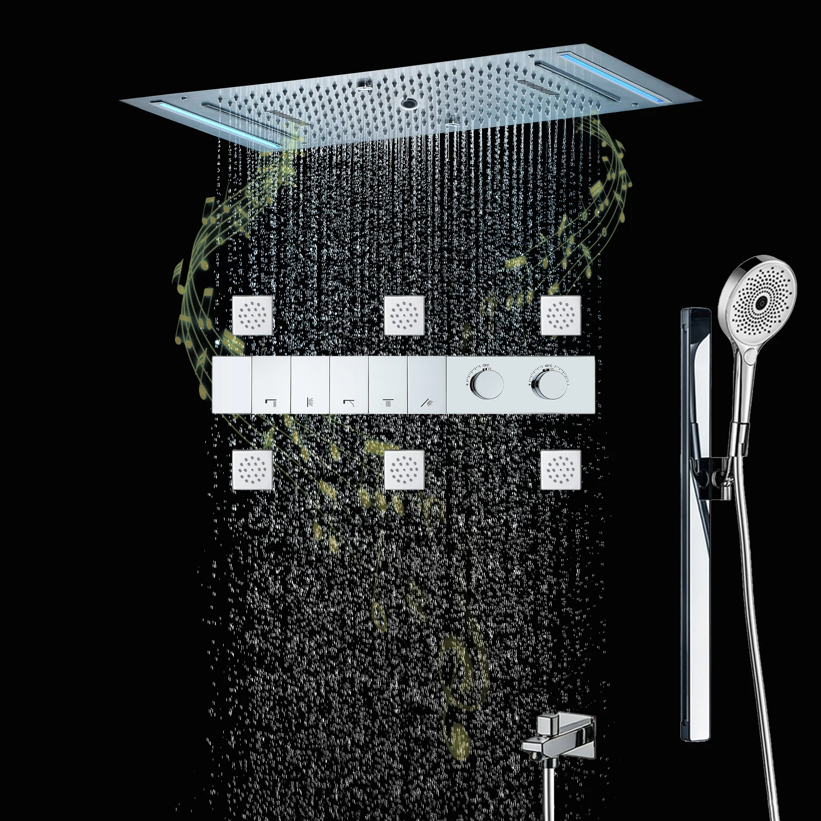 

Душевой гарнитур Qlonn 5-в-1 класса люкс с термостатическим смесителем, 638*338 мм, со светодиодной подсветкой, массажными форсунками и функцией душа для всего тела