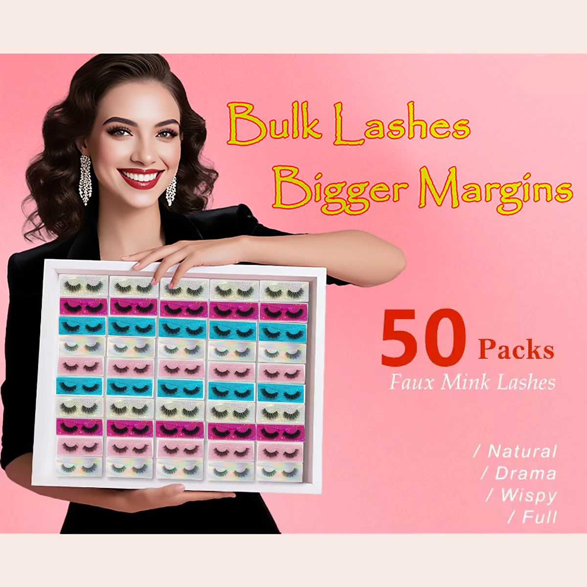 Wholesale 50 Pairs 5 Styles Wispy Faux Mink Lashes - Fluffy & Dramatic Strip Eyelashes Multipack for Eye Makeup