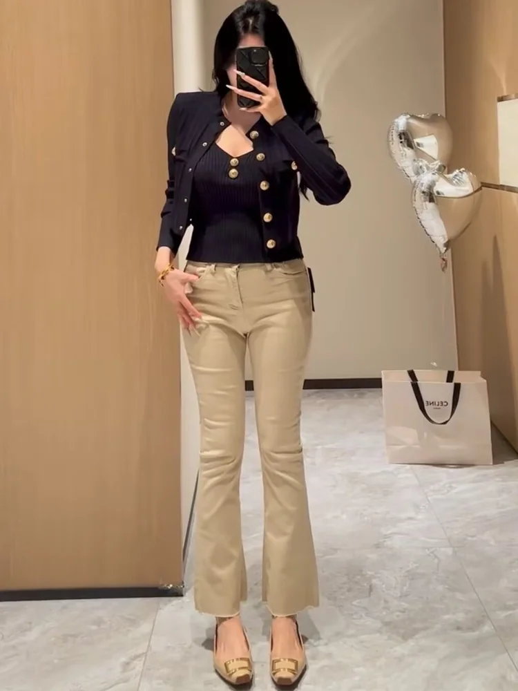 

Khaki High Waist Slimming Flared Jeans Women's Casual Versatile Cotton Stretch Denim Nine Point Pants Spring New Sle