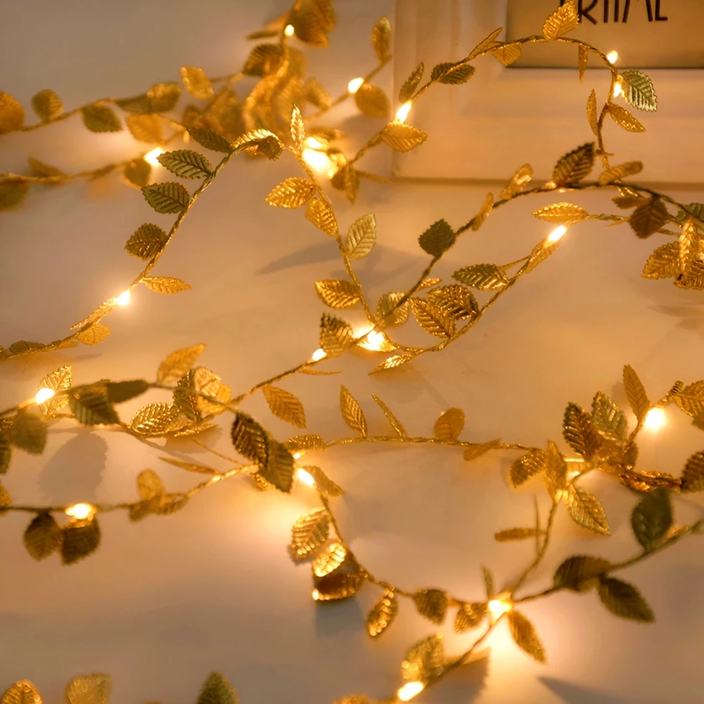 

2M 20LED Golden Artificial Leaf String Lights, Fairy Lights For Home Bedroom Living Room Patio Steps Theme Party Decoration