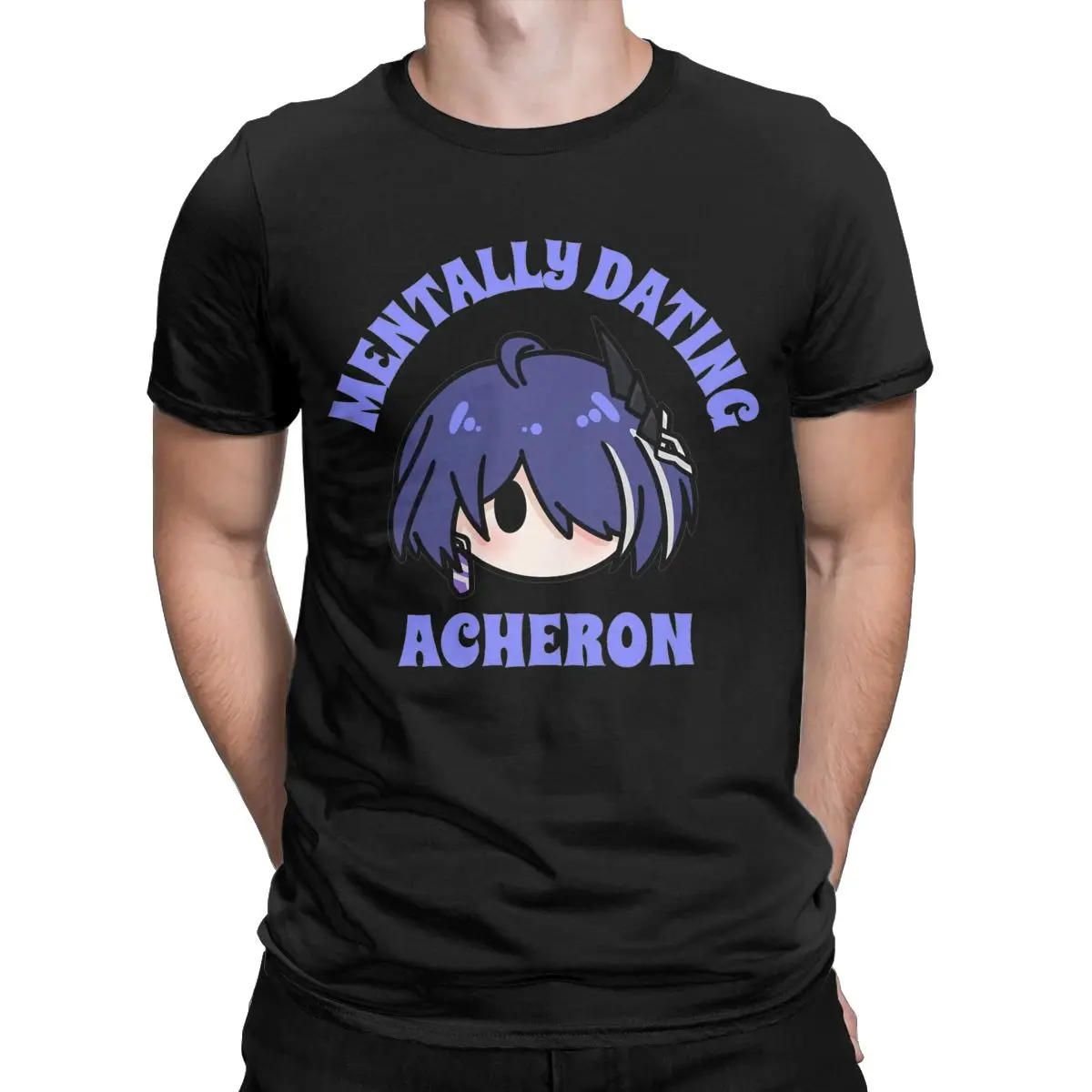 Mentally Dating Honkai Star Rail Acheron Chibi T Shirts Men Pure Cotton T-Shirt Crew Neck Tees Short Sleeve Tops New Arrival