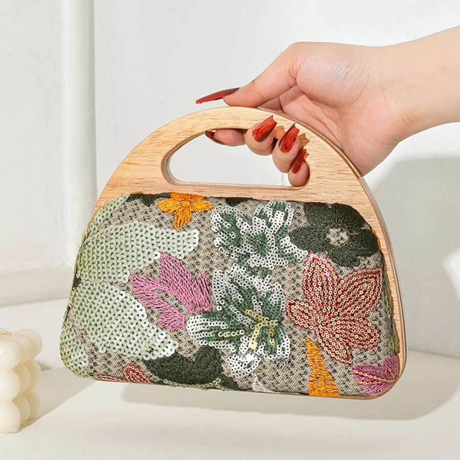 

Новая сумка для ужина с деревянной ручкой и блестками в форме полумесяца, летняя контрастная тканая сумка с цепочкой на плечо, сумка через плечо, дорожный пляжный кошелек