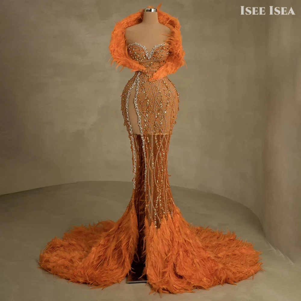 

Shiny Evening Dress With Split Feather Beads Vestidos De Gala Mermaid Prom Dresses For Woman Speacial Occasion Dress Customized