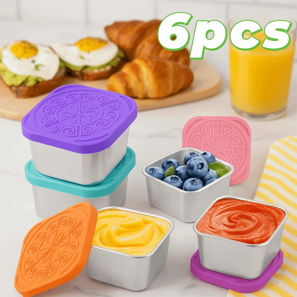 

6pcs 304 Stainless Steel Salad Dressing Cup Square Leak-proof Sauce Cup 60/180ml with Silicone Lid Seasoning Container Worker