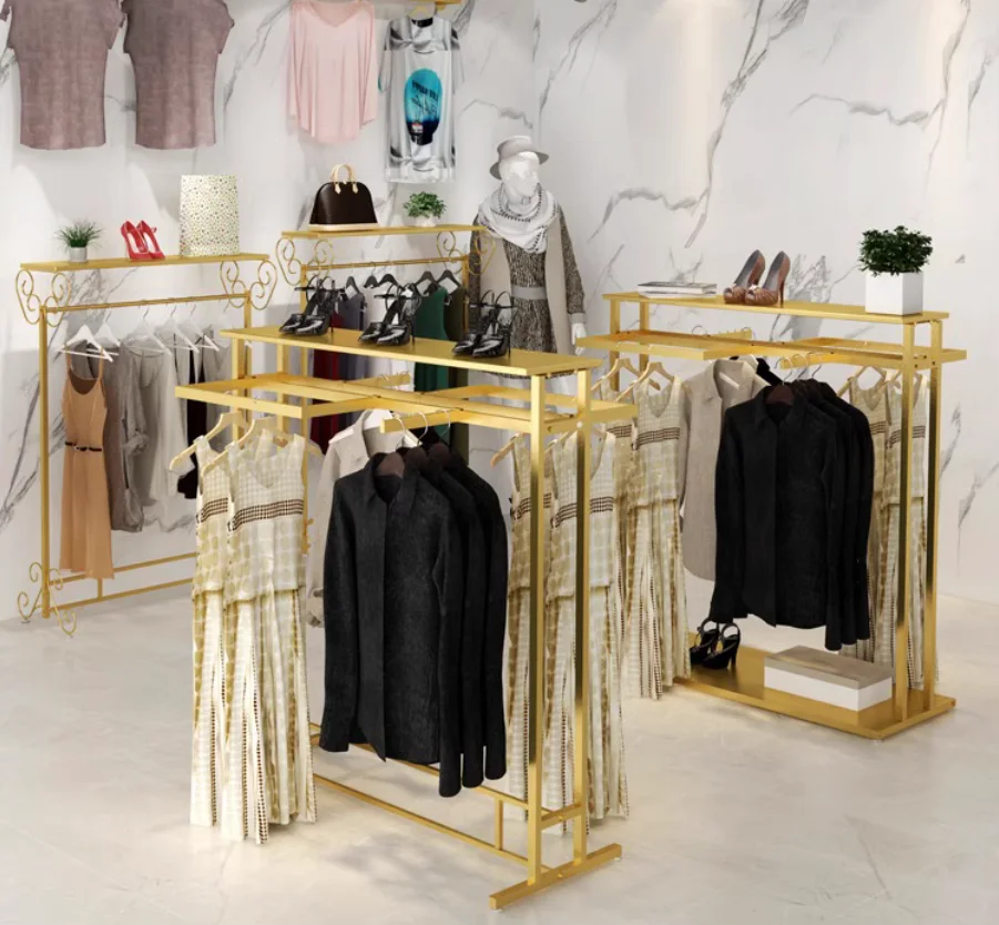 Clothing display clothes hanging pole women's clothing middle island floor standing double row shelf