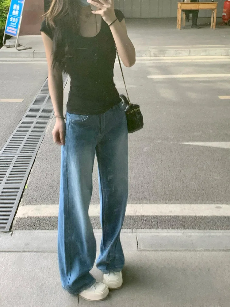 Vaqueros de pierna ancha Retro americanos para mujer, pantalones de corte recto drapeados, holgados, de cintura baja, de verano