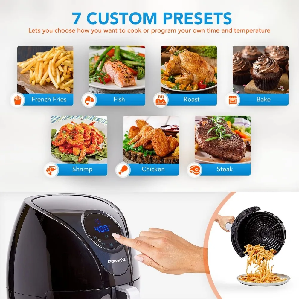 หม้อทอด Air fryer 7 QT อากาศร้อนสุดๆทอด, ปรุงอาหาร, กรอบ, ย่าง, พื้นผิวเงาสูง, สีดำ