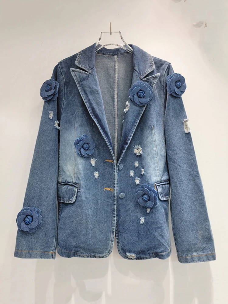 DEAT Fashion Vintage Women's Spliced Flower Denim Blazer Coat 2024 Autumn Trendy Lapel Long Sleeve Loose Jacket Female 11A0420