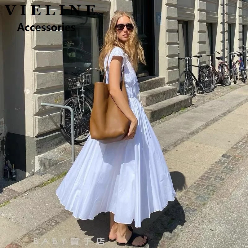 

VIELINE Women's Bucket Bag Large CapacityTote Bag Genuine Leather Underarm Bag One-shoulder Handbag Simple Design Ladies Purse