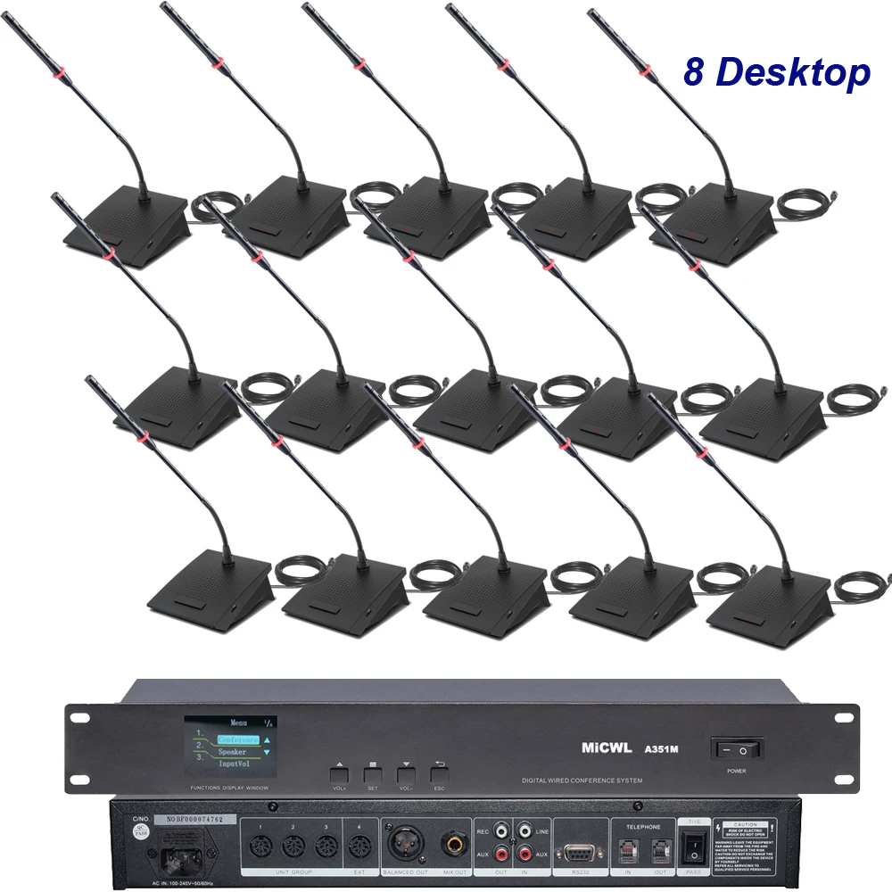 8 Table Gooseneck Microphone Wired Digital System with 10m Cable Desk Mic Built-in Doupble Speaker