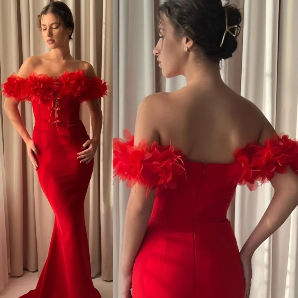 

Customized Sizes Available Jersey Pleat Flower Trumpet Off-the-shoulder Long Dresses Bespoke Occasion Formal