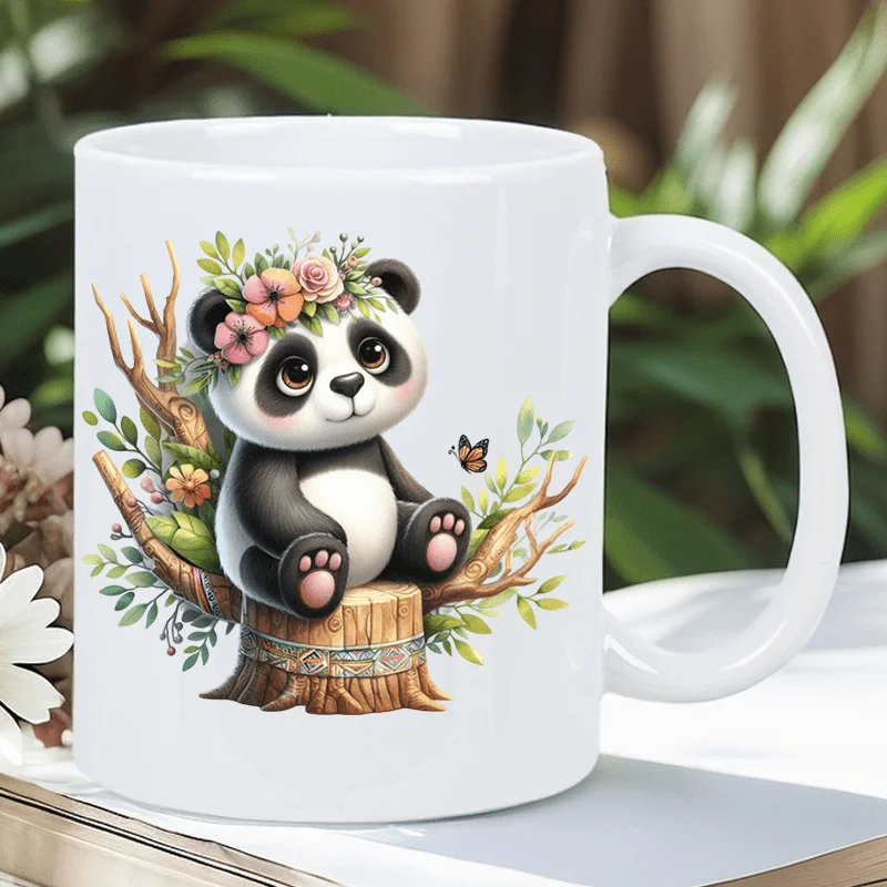 Cute Panda Ceramic Coffee Mug with Pink Flowers & Butterfly Design - Reusable, Insulated, Hand-Wash Only - Perfect Gift for Coff