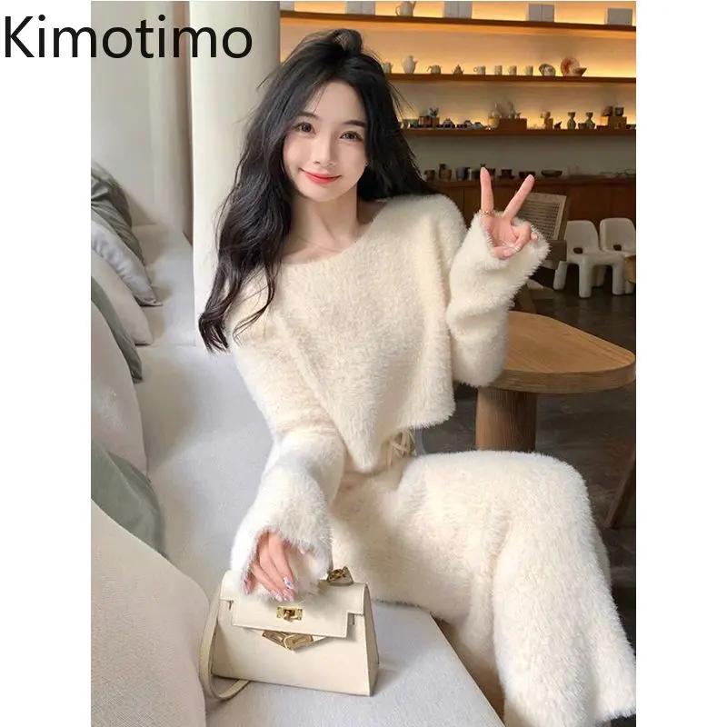 Kimotimo Temperament Knitted Skirt Sets Women Autumn Sexy Soft Short Sweater Pull Long Skirts Korean Solid Slim Two Piece Suits