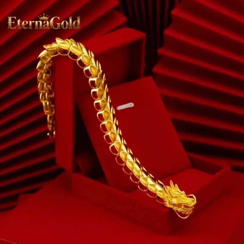 EternaGold 24K Yellow Gold 9999 Real 5D Precision Dragon Bone Bracelet for Men, with Dragon Head