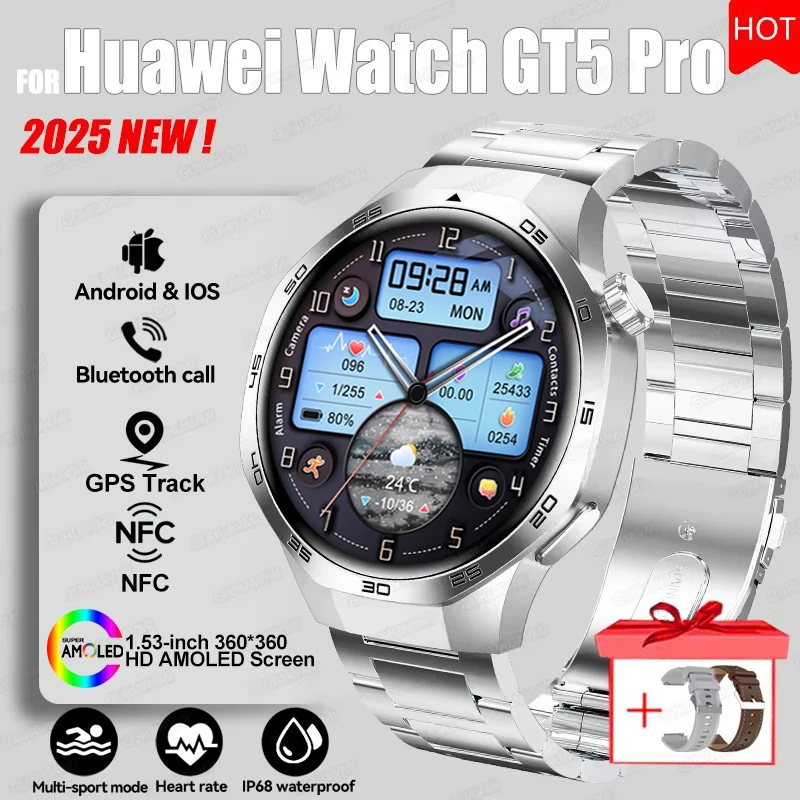 2025 For HUAWEI GT5 Pro GPS Track Smart Watch Men 360*360 AMOLED Screen NFC BT Call Waterproof Health Monitor Man Smartwatches