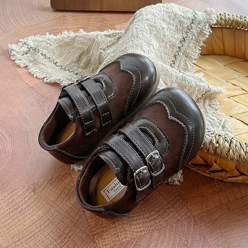 Kids Retro Brogue Style Flat Shoes, Toddler Boys Girls Double Strap Hook‑and‑Loop Casual Loafers, Solid Brown & Leopard Print