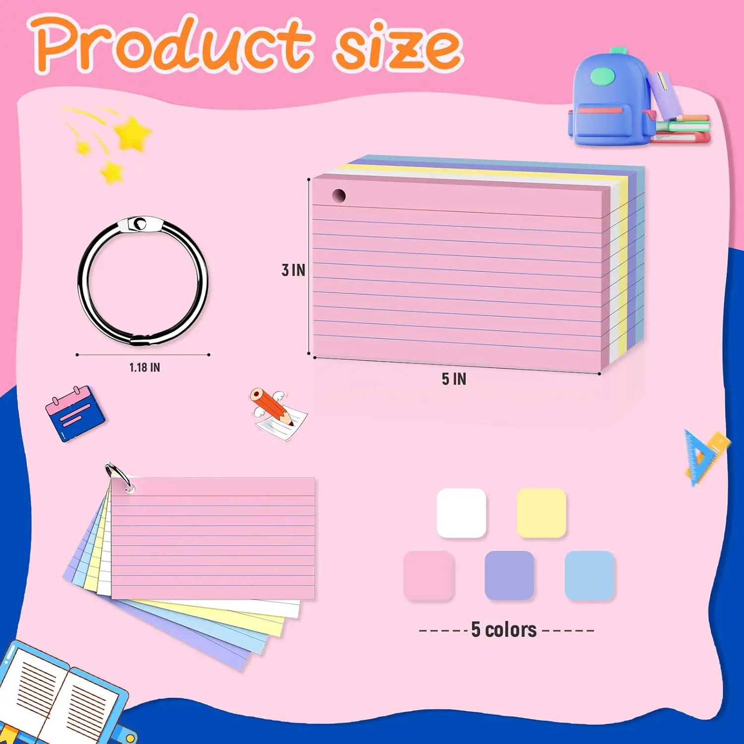 250 عدد بطاقات الفهرس الملونة 5 ألوان 3 × 5 بوصة لوحة مذكرة مبطنة مع حلقة رئيسية ملاحظة تدوين ملاحظات لاصقة للدراسة للمنزل والمدرسة #2