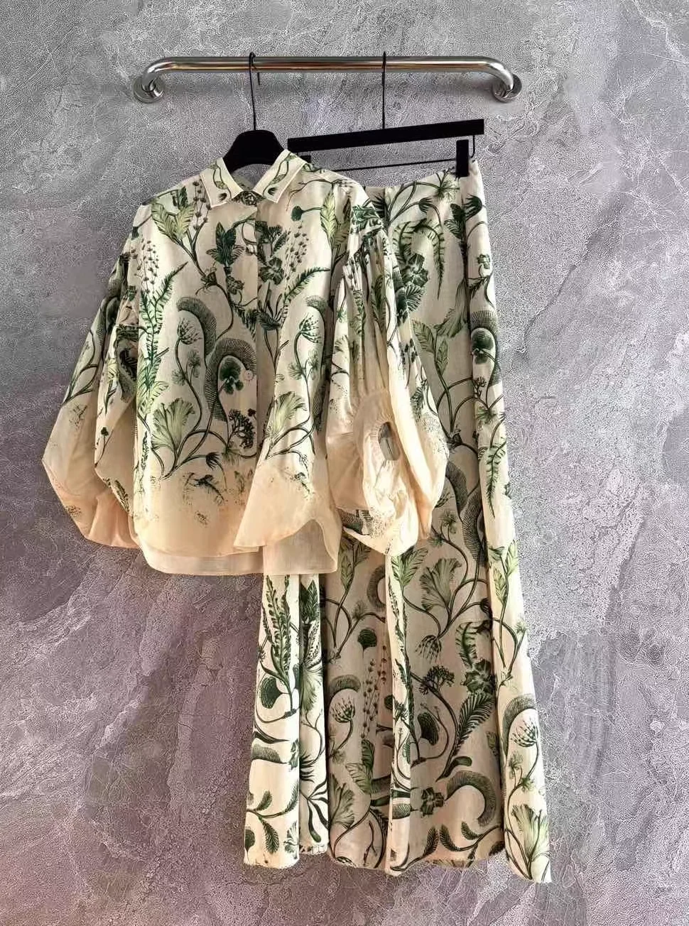 100% Linen Women's Floral Print Set Single Breasted Turn-down Collar Long Sleeve Shirt or High Waist Straight Wide Leg Pants