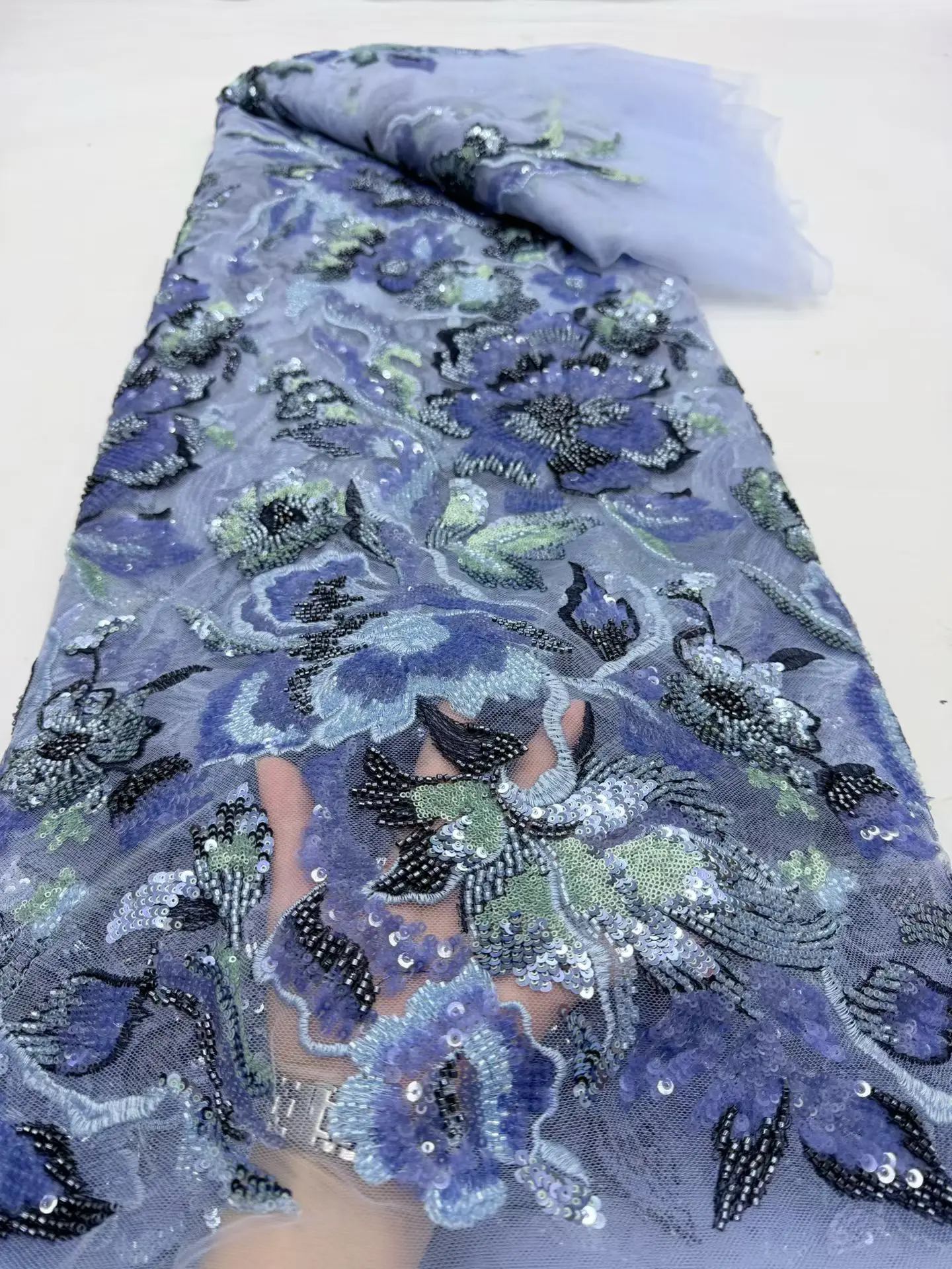 

2026 Nigerian Sequins Tulle Lace Fabric High-Quality Embroidery African Net Cloth for Prom Dresses Beads 5 Yards DP0500