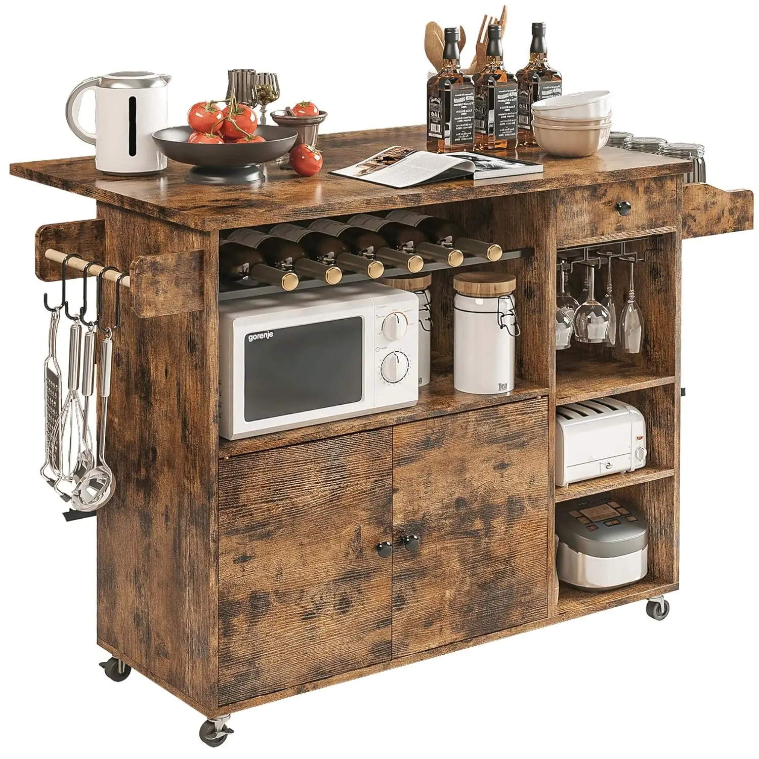 

Rolling Kitchen Island Cart with Drop-Leaf and Wine Rack, Microwave Rack Serving Cart on Wheels with Drawer &, Customized
