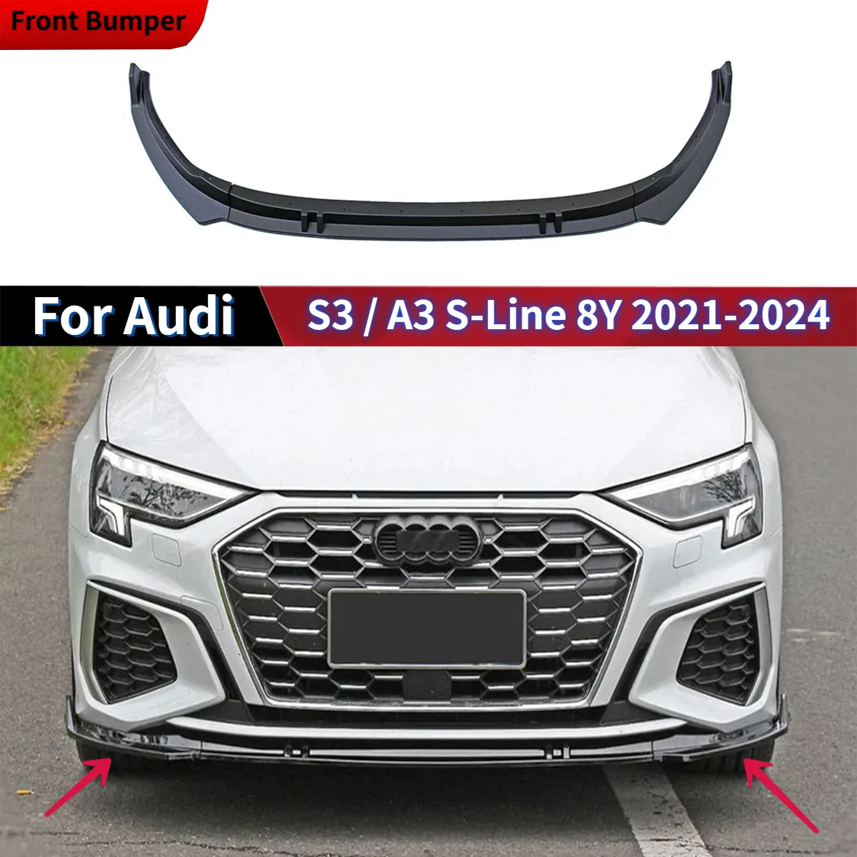 Car Front Bumper Lip For Audi S3 / A3 S-Line 8Y 2021-2024 Front Diffuser Diffusor ABS Body Kit Auto Replacement Accessories