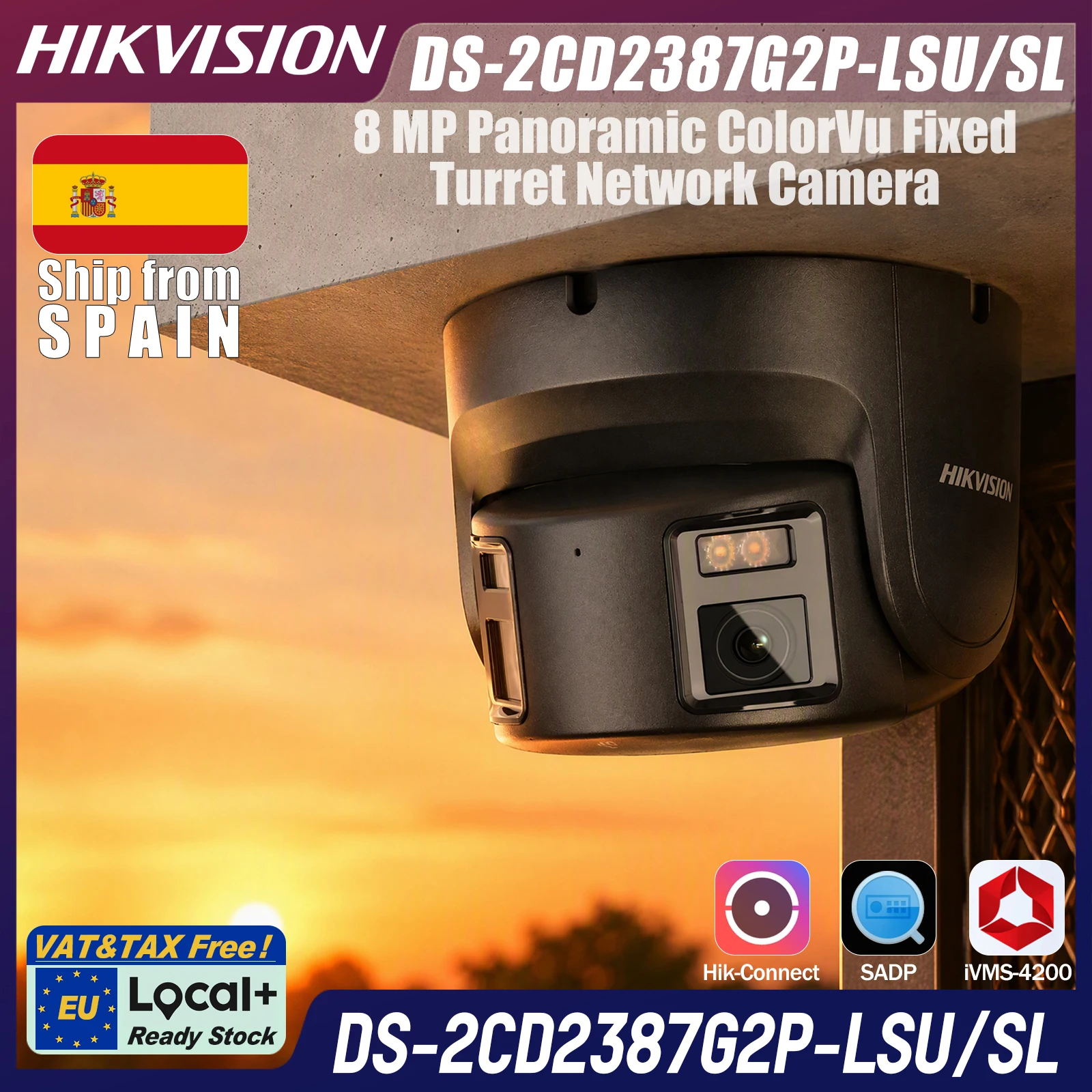 DS-2CD2387G2P-LSU/SL Hikvision Local+ schwarze 4mm 8MP Panoramic ColorVu feste Turret-Netzwerkkamera, 180° Abdeckung, 130dB WDR, 30m Weißlicht, integriertes Zwei-Wege-Audio, weißer Blitz, PoE, IP67
