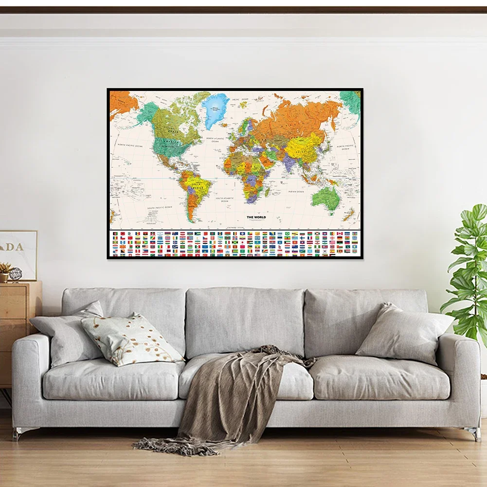 Mapa Retro del mundo en inglés, pintura en lienzo en aerosol, arte de pared, póster, suministros escolares de oficina, sala de estar, decoración del hogar, 60x40cm