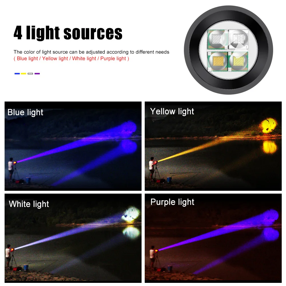 30W Powerful Fishing Light with Tripod 4 Color Searchlight Zoomable Flashlight Portable Spotlight Handheld Emergency Light