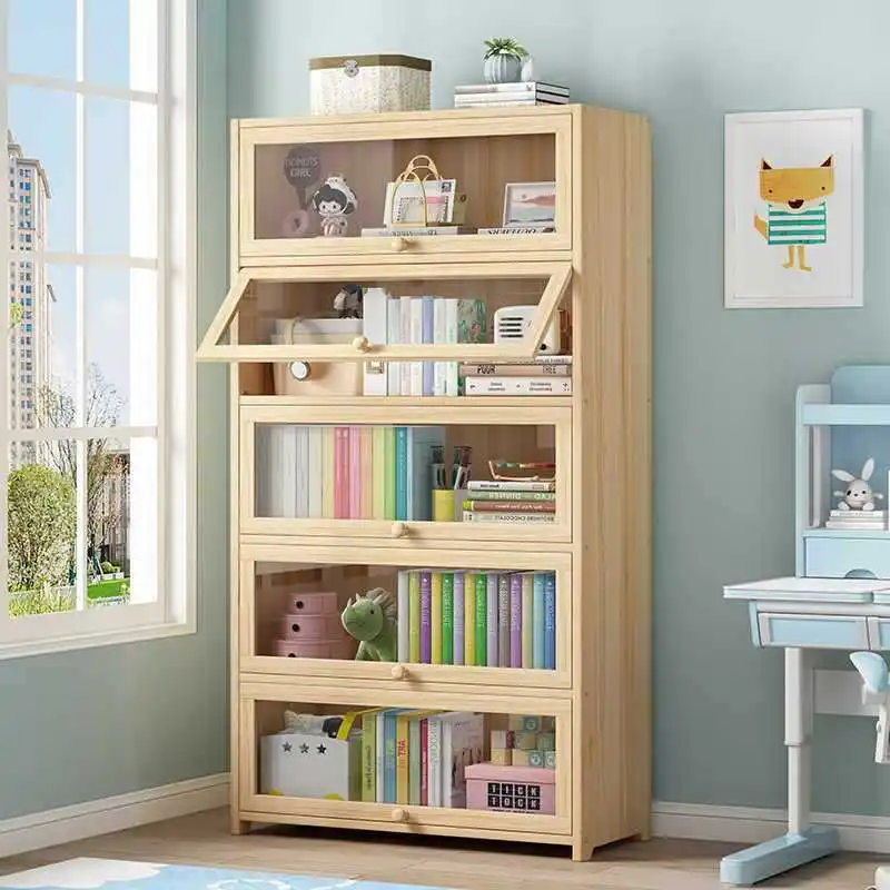 Bookcase with door, dustproof solid wood bookshelf, shelf floor-to-ceiling, home children's American living room,