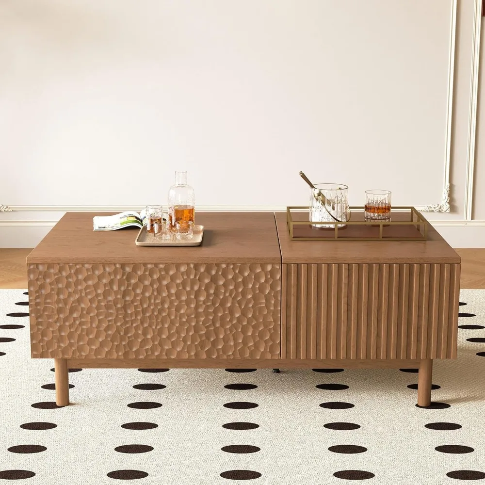 51.1 Mid-Century Modern Lift Top Coffee Table, Walnut Rectangular Center Table with Hidden Storage, Drawers & Sturdy Wooden Legs
