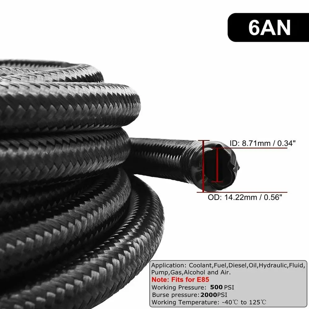 Black 3M 10ft AN6 6AN Stainless Steel Braided Fuel Line + Oil Gas Fuel Hose End Fitting