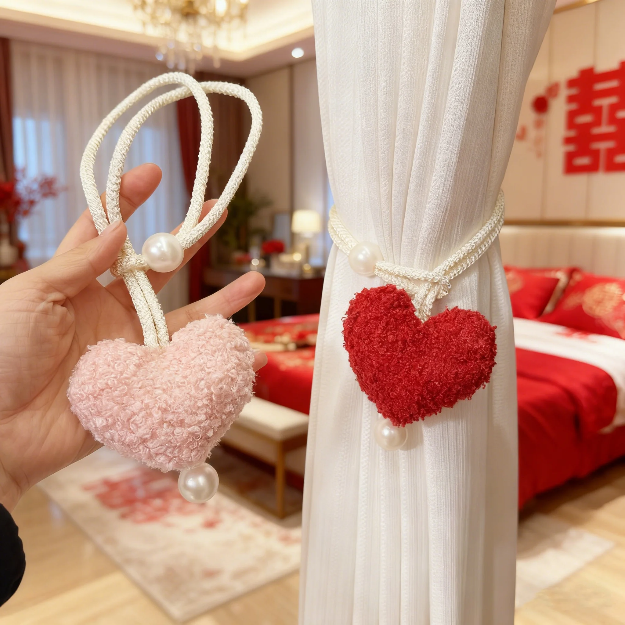 Plush Red Heart Shaped Curtain Tieback With Beads Window Curtain Holders Children's Room Decoration Mosquito Net Tie Bundle Rope