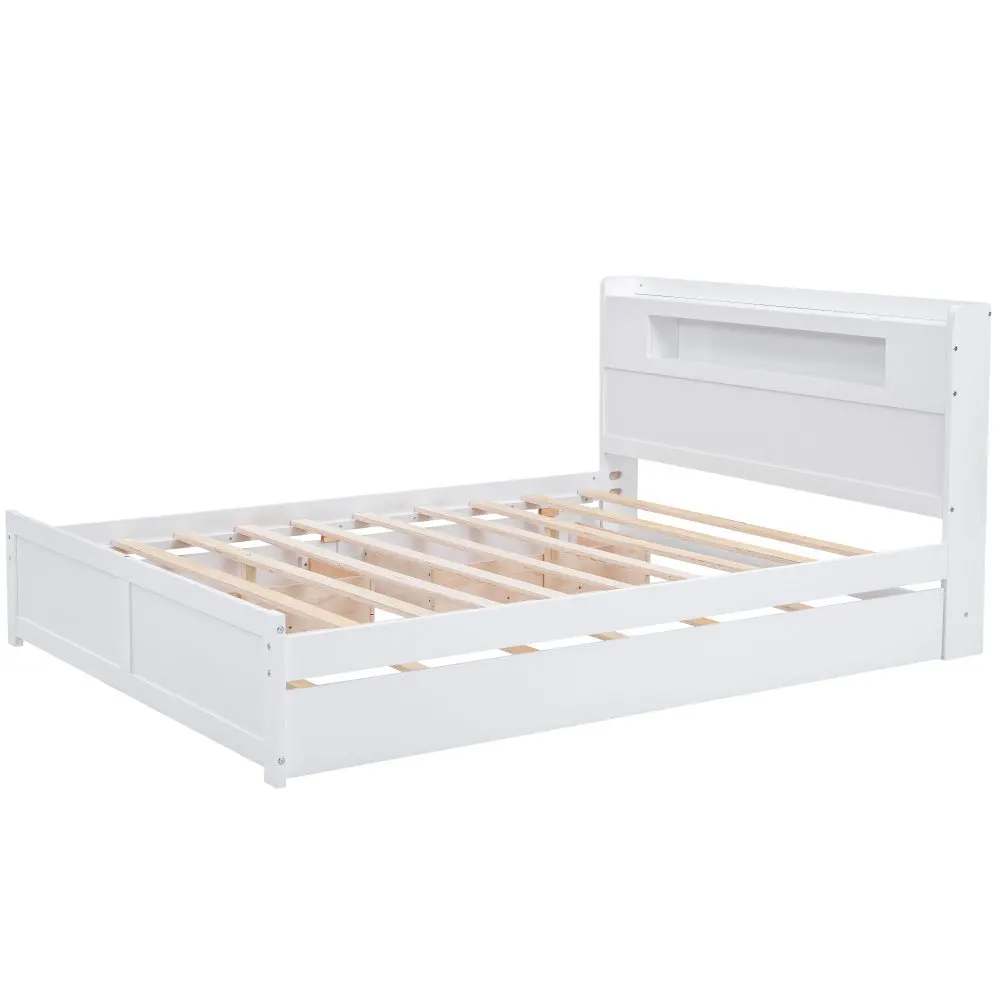 Queen Size Wood Storage Platform Bed with LED, 2 Drawers and 1 Twin Size Trundle, Box Spring Not Required, Bed Frame for Bedroom