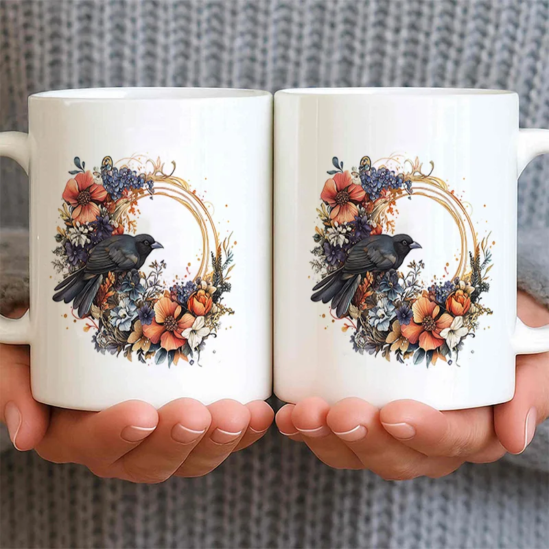 Black Crow Floral Wreath Ceramic Coffee Mug, Colorful Print 11oz 350ml, Personalized Custom Mug, Microwave Safe, Cute Aesthetic