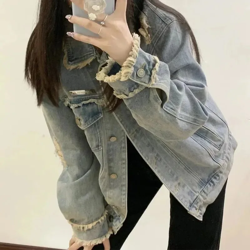 Ins Retro Niche Design, Light Blue Brushed Denim Jacket, Harajuku Hong Kong Style Fashionable Versatile Loose Jacket Trend