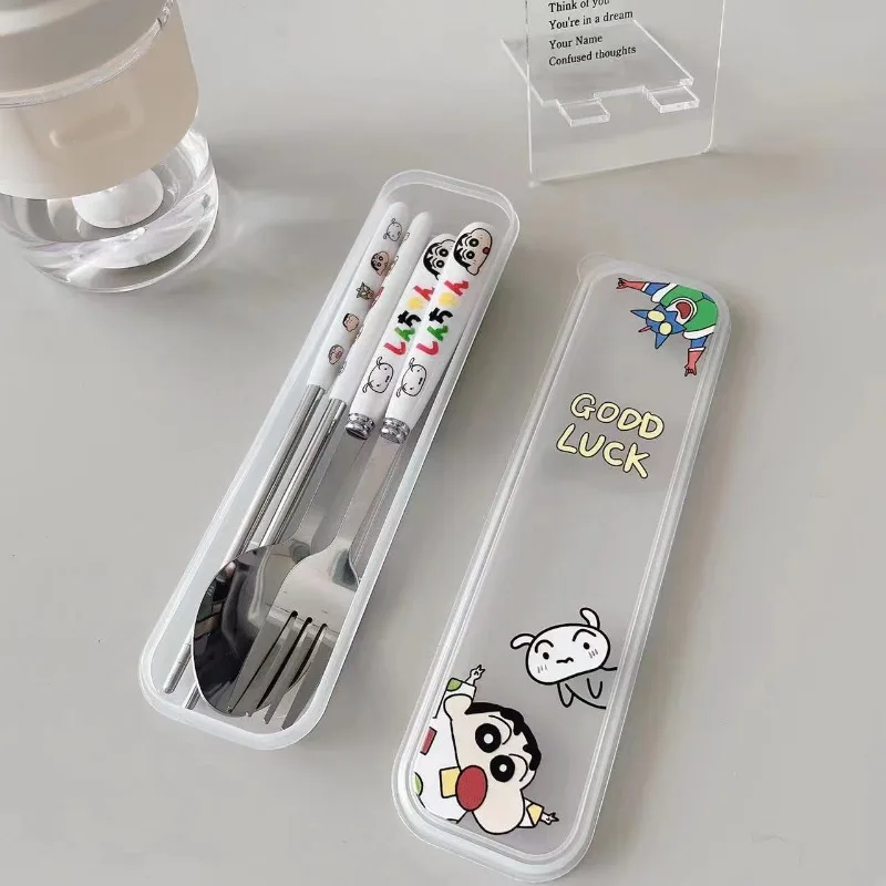 Crayon Shin-chan Stainless Steel Tableware Spoon and Fork Set with Storage Box Portable Tableware Cute Anime Dinnerware Kit Gift