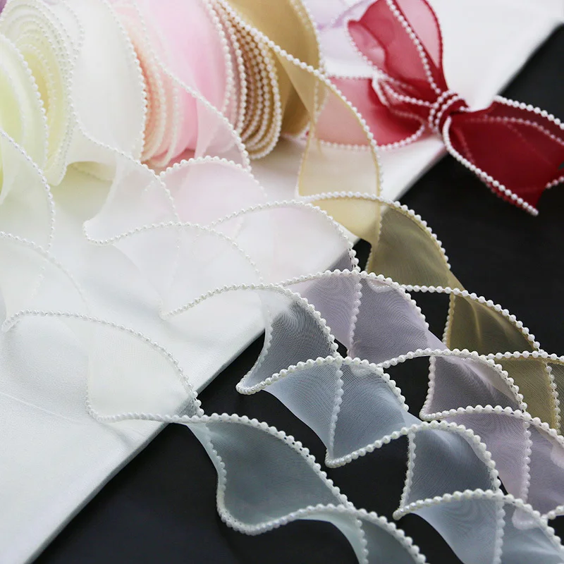 (5yards/roll)4cm Pearl Edge Organza Ribbon Wave Silk Lace Children Hair Accessories Lolita Handmade Decorative Gift Box Wedding