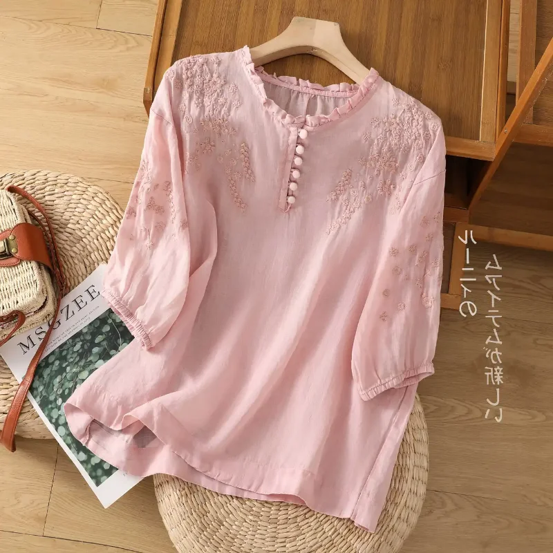 تي شيرت رامي بأكمام قصيرة للسيدات من الصناعة الثقيلة المطرزة بالدانتيل الرقيق من القطن والكتان #3