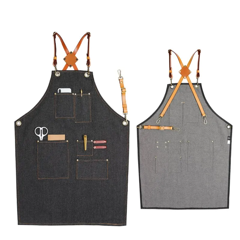 Black Denim Apron Cowhide Leather Strap Barber Hairdresser Florist Manicure Workwear Barista Bartender Pastry Chef Uniform E44