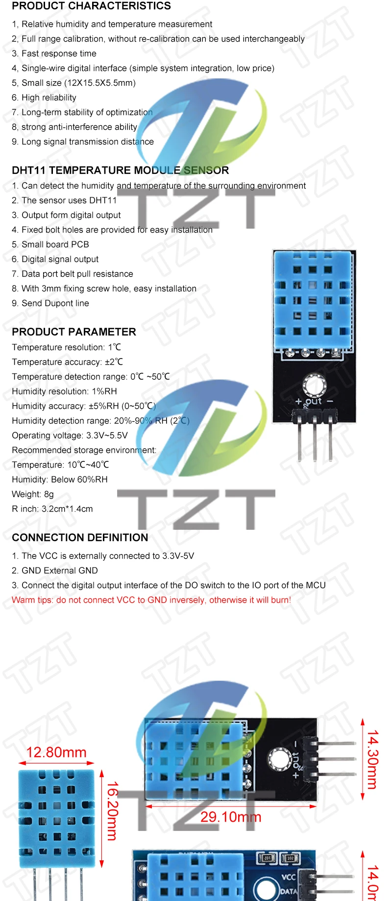 DIYTZT 1/3PCS DHT11 Digitale Temperatur- und Feuchtigkeitssensoren DHT11 Modul für Arduino – Detail 2